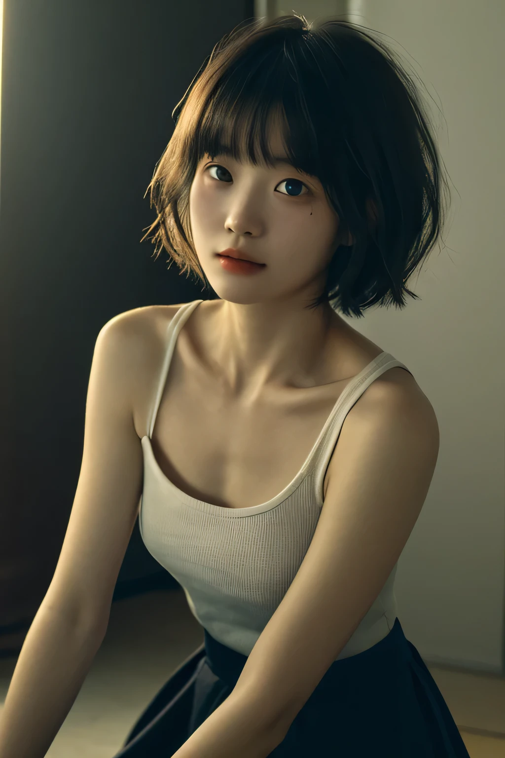 ((best quality，masterpiece:1.3))，sharp:1.2，Perfect body beauty:1.4，((Layered Hairstyle))、(Black long skirt:1.1)，(darkroom:1.2)，Highly detailed face and skin texture，Delicate eyes，(clavicle:1.3)，double eyelids，((short hair))，Childish，beach under sunset，bust，Close-up，45 degree upward shot，