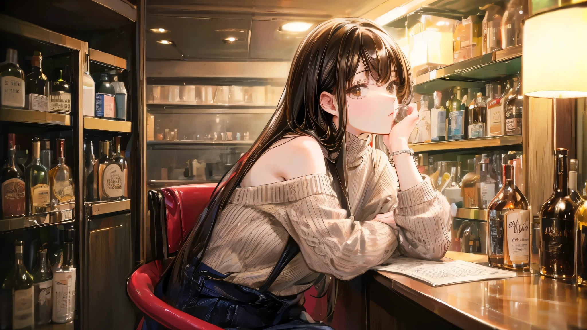 (Very detailed figure), masterpiece, (Extremely detailed), 詳細品質highest quality, (Very detailed: 1. 1), Very detailed light reflection, Harmony, Very detailed background, Very detailed, High resolution, production Official Art, Very detailed, figure, Novel cover, Glowing Skin, Best Shadow, Beautiful Face (highest quality), (masterpiece), (Very detailed), (in Shoulder strap), ((liquor)), Old store, Shoulder strap, liquor bottle, Chalk, Official Art, One beautiful girl, (18-year-old), counter, (Detailed face), (Black Hair: 1. 3), (loosely curled hair: 1.1), Long Hair, liquor, snack, Closed Mouth, (Brown eyes), ( (Narrow eyes: 1. 2), Eye highlights, Mid-chest, (bar), Model pose, indoor, (Dim lighting: 1. 2), (Long Shot: 1. 1), Dynamic Angle, break (Loosely knitted sweater), Sitting in a chair