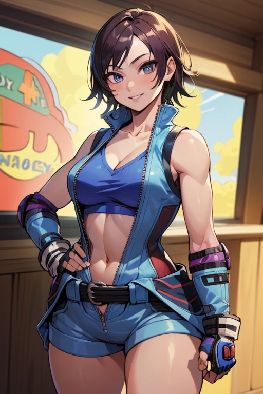 (masterpiece, 4k, high quality, colorful, super detailed eyes and face:1.2), cowboy shot, solo, 1girl, kazama asuka, smile, looking at viewer, jumpsuit, unzipped, short shorts, elbow pads, (fingerless gloves:1.1), clothes around waist, navel, cleavage
