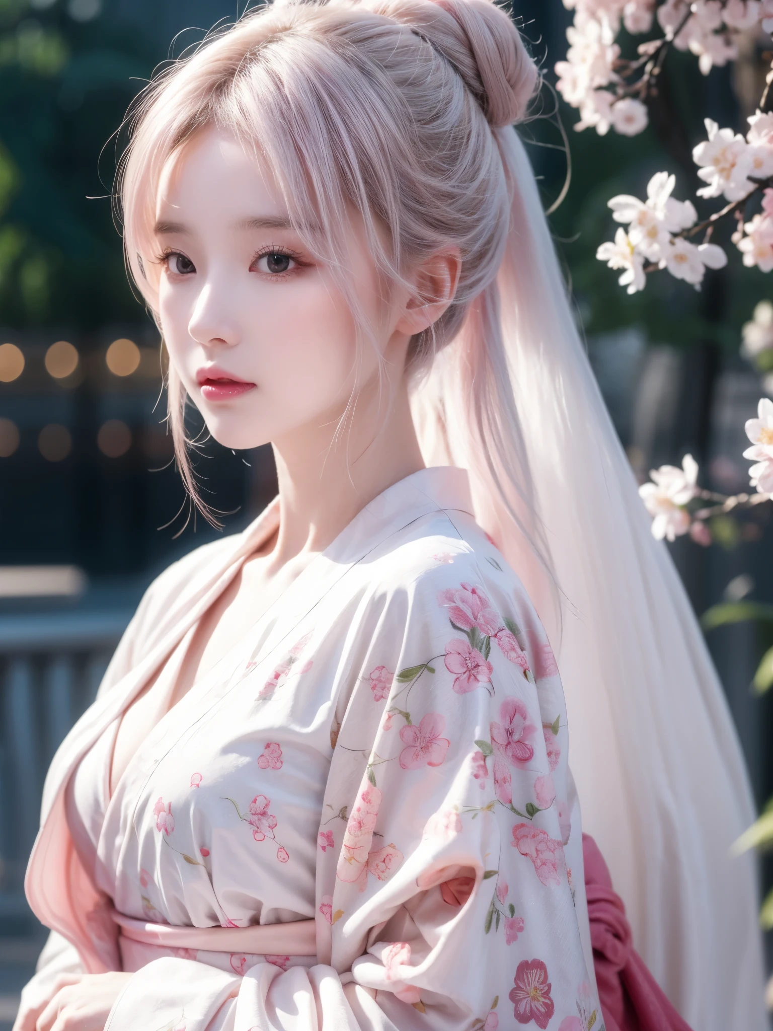 A hyper-realistic, highly detailed, and high-resolution 16k image of a young, beautiful female ghost or guardian spirit. She has light pink hair and translucent skin, and is dressed in a traditional Japanese kimono with a small cherry blossom design on the obi. The image captures the ethereal beauty and mystique of the spirit world. The style is inspired by the delicate, soft aesthetic found in traditional Japanese art.