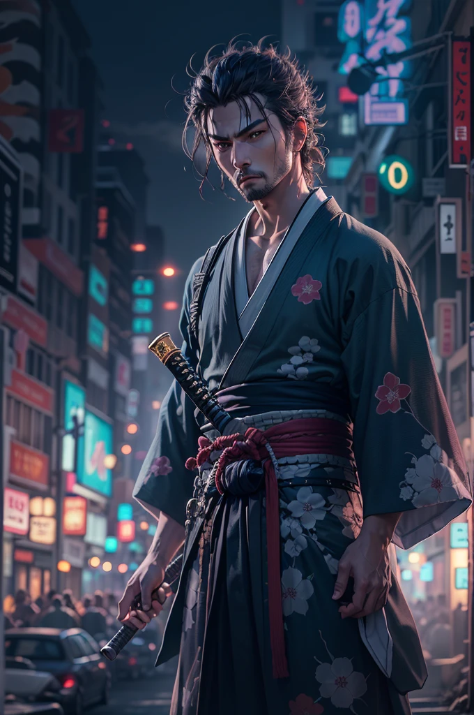 (best quality), high quality, very high resolution, (ultra detailed), 8k, (hyper realistic),Ray Tracing, a man in a purple kimono holding a japanese sword, glaring,New York, night, neon light, samurai hairstyle, Musashi Miyamoto