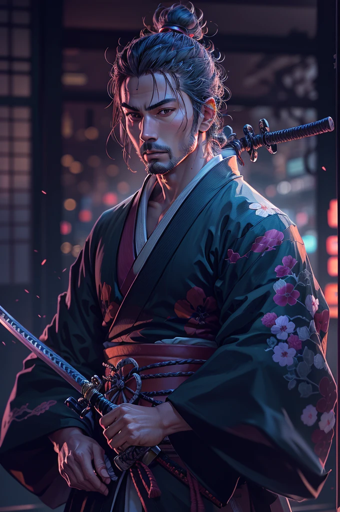 (best quality), high quality, very high resolution, (ultra detailed), 8k, (hyper realistic),Ray Tracing, a man in a purple kimono holding a japanese sword, glaring,New York, night, neon light, samurai hairstyle, Musashi Miyamoto