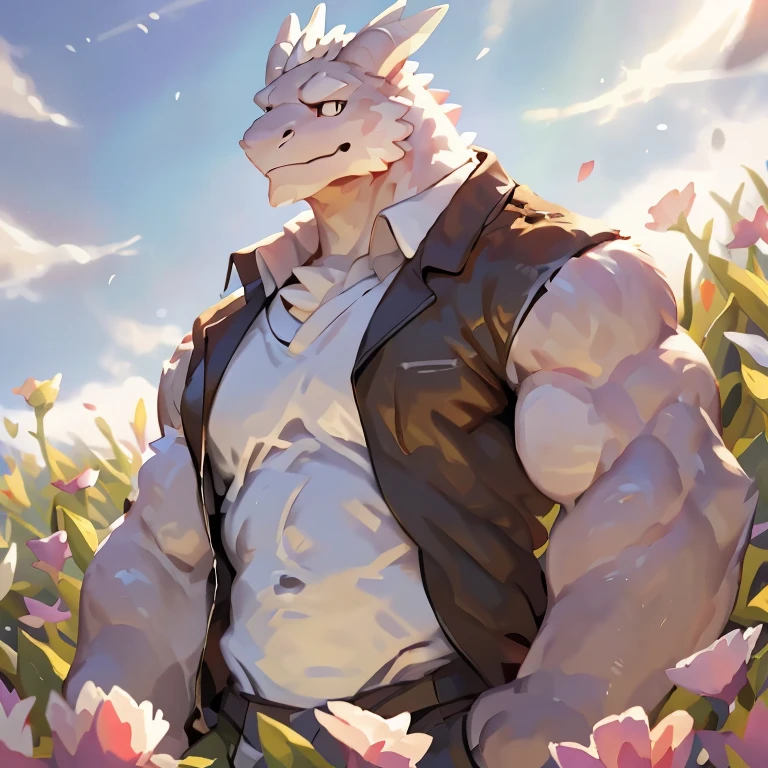 white dragon in a field, looking into the distance, looking off into the distance, looking to the sky, gazing off into the horizon, look into the distance, looking at the sky, looking into the horizon, by null-ghost,by lindong, forrest in the background, standing in a flower field, in a field of flowers, 1 boy solo, abs, muscular, jacket, shirt, look up, back