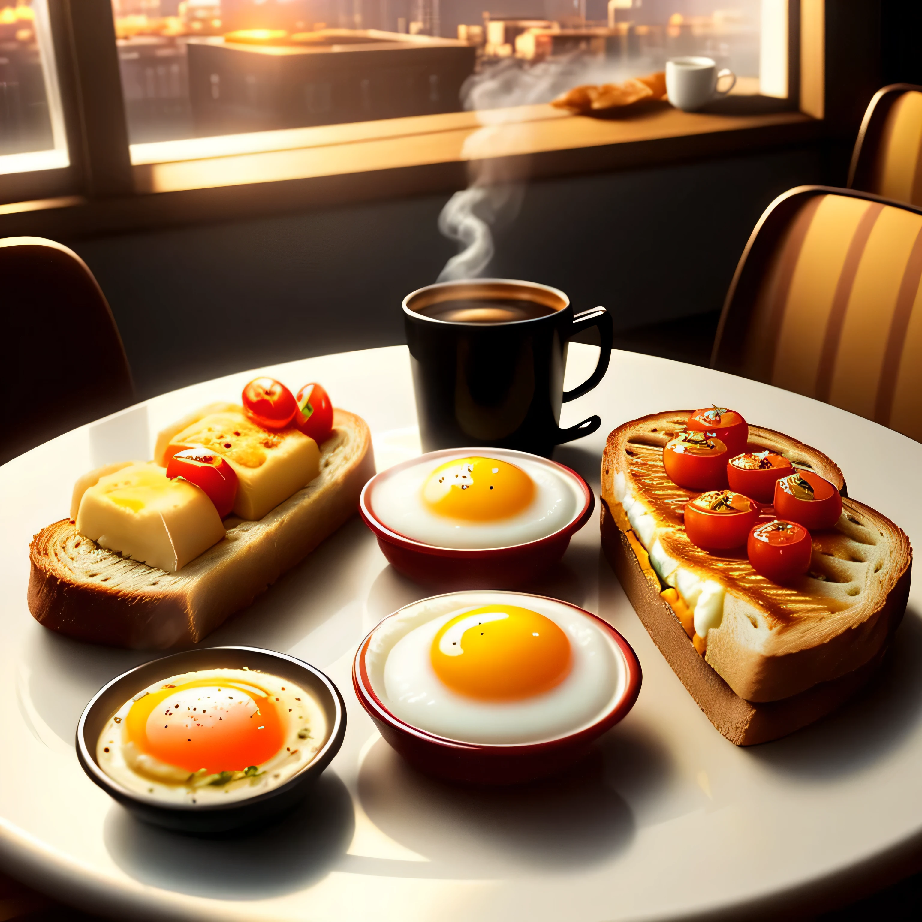 Eggs and toast、tomato、Smoky Hot Coffee、Lavish breakfast , pixar style , golden hour light,Warm colors