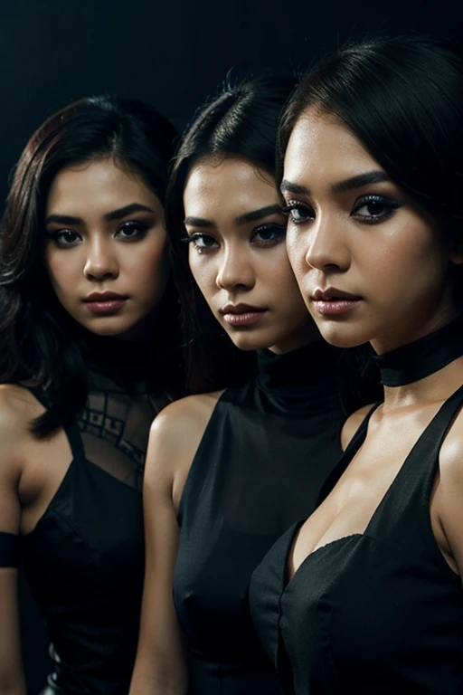 trio indonesian girlband, close up, cool, blue and black suit, gothic make up, stunning make up, black background, backlight, epic, music poster, artistic, detailed, 4k
