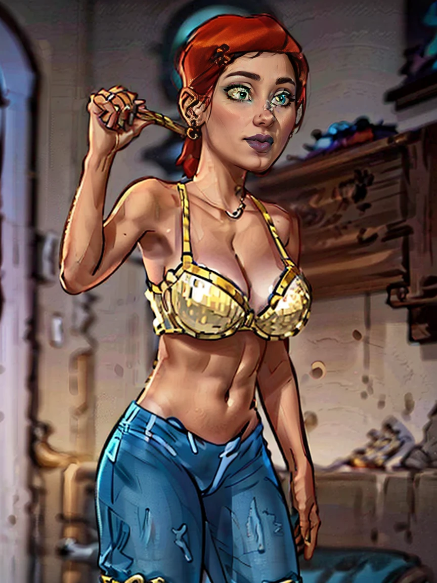 1girl, wilma, the flintstones, Best quality, masterpiece, cowboy shot, orange hair thight in a bun, green eyes, tight mini white bikini made of furr and stiches cloth, bdsm, rope tie, shackles, prehistoric pool scene, necklace made by round white rocks in a row