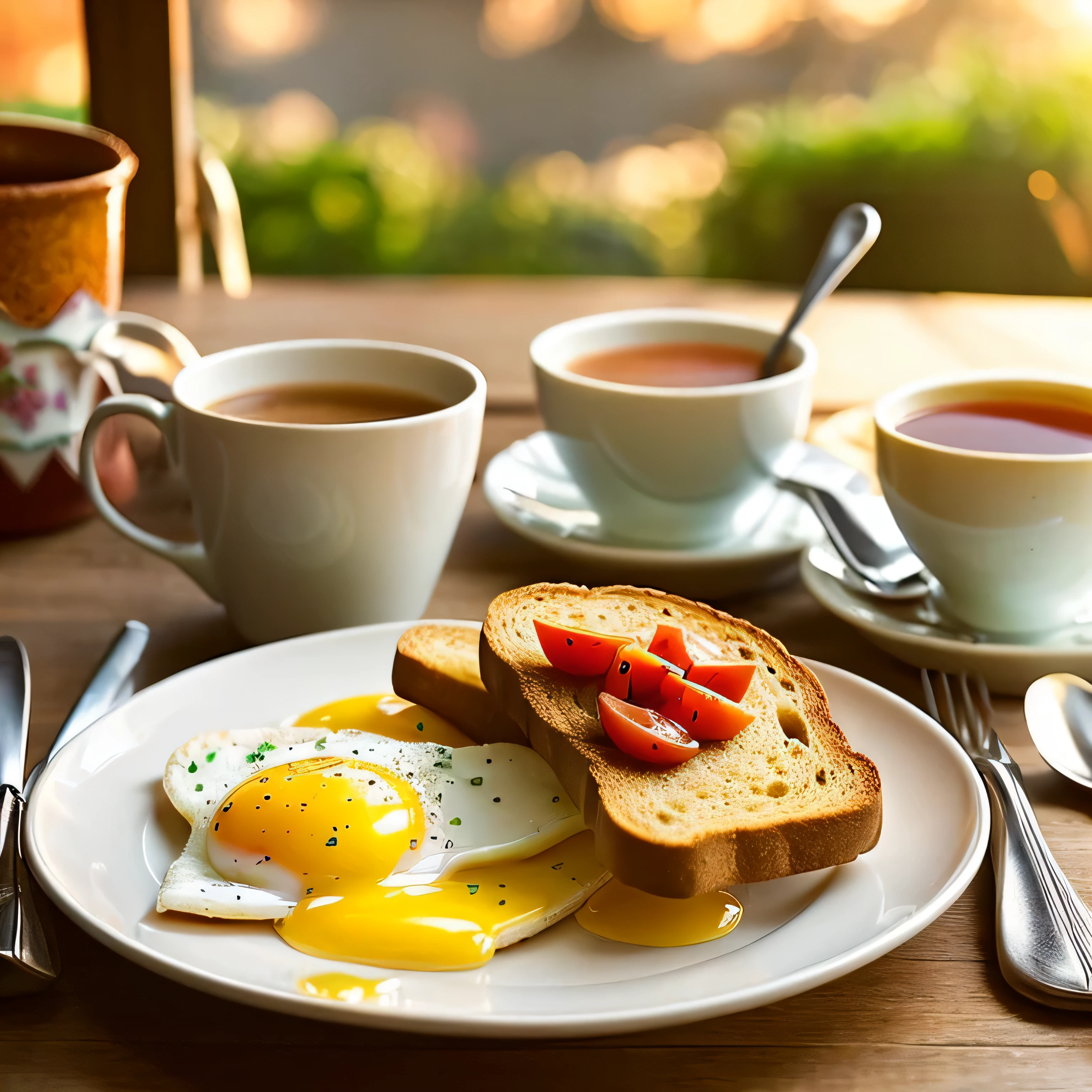Eggs and toast、A rich breakfast of tomatoes and milk tea , pixar style , golden hour light,Warm colors
