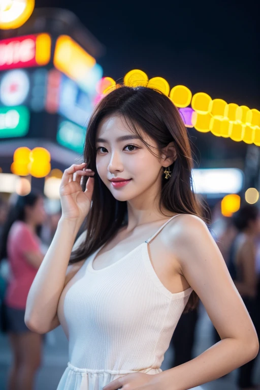 ((best quality)), ((masterpiece)), (detailed), (perfect face, beautiful), korean woman dancing in the rain at outdoor nightclub, laughing joyfully. open air club here is full of people dancing around her, amid colorful lights and bokeh effects, photo realistic, cinematic, movie still, summer vibes, captured in the style of Sony Alpha A7 III camera --ar 2:3 --s 500 --v 6.0