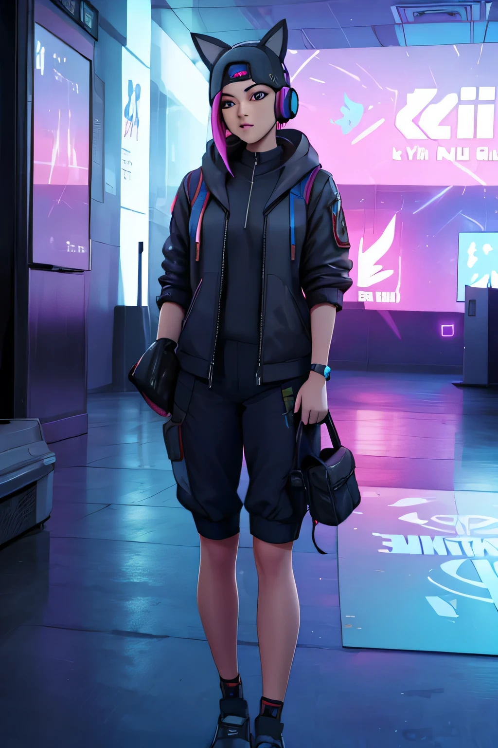 Gaming Zone Lynx Black listening to music with headphones, low lighting neon night background