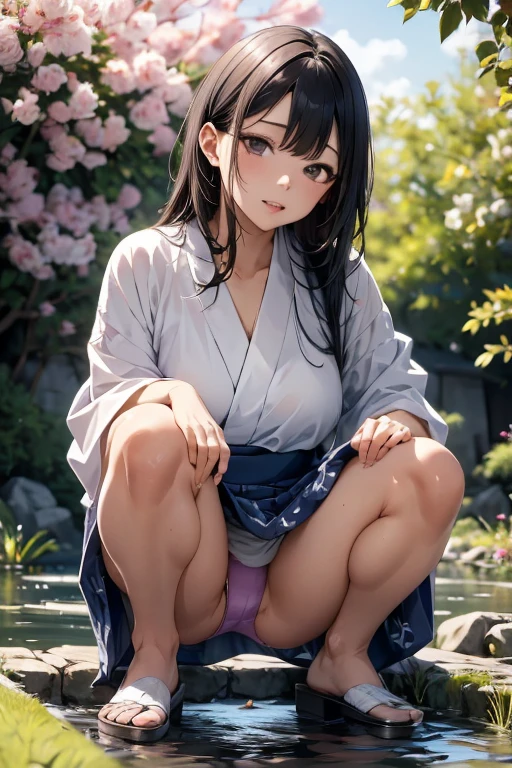 Mature woman in a white yukata squatting on a stone bridge in the Nishikigoi pond in the garden, tilting her head, detailed eyes, long straight black hair, masterpiece, from below, detailed white panties