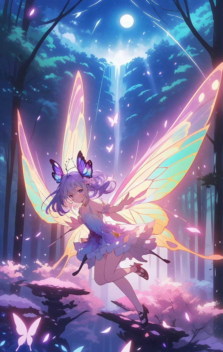 masterpiece, Concept Art, (Very detailed), Fairy Butterfly 1 Girl, Butterfly Wings, cute, elegant, Flowing purple hair, Magical Dress, magnum opta fly:1.5) Flying around her, Mythical Forest, Bathed in the fantastic moonlight, Tranquility, (Watching the audience), Bright colors, Volumetric lighting, hd,Panty shot,((whole body))