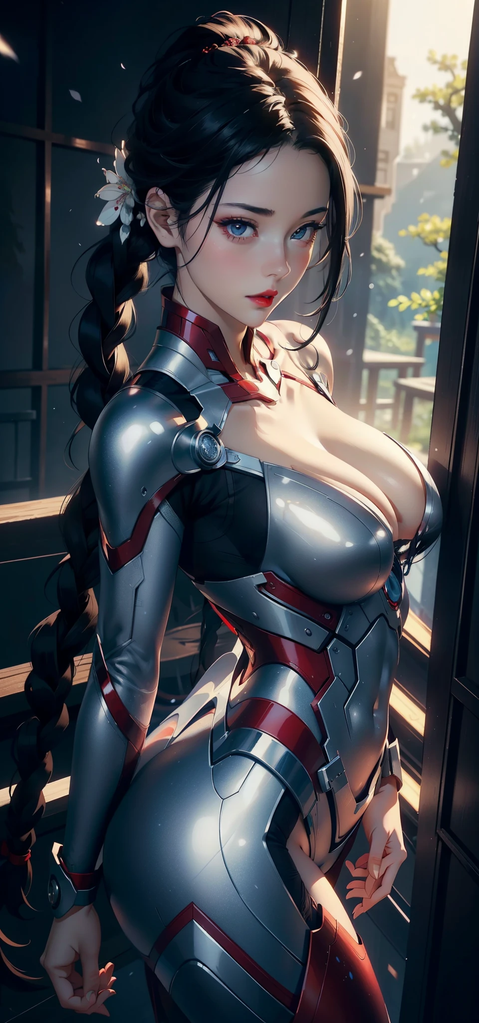 1 female,35 years old,Slim,very big ,Big breasts and thin waist,Long legs, Solitary,(background:,Cherry blossom forest,Rainforest)running, She has short black hair,Front view, twisted braid cloudy sky,(((masterpiece),(Very detailed CG unified 8K wallpaper),best quality,Light,详细background,Beautiful and delicate eyes,Smart pupils,black eyes,Snow-white skin,Red lips(very delicate and beautiful),(Beautiful and detailed description of the eyes),Ultra Detailed,masterpiece,))Facing the camera,high resolution,Ultra Detailed),nude,Wear a futuristic Iron Man suit,Blue and red color scheme,