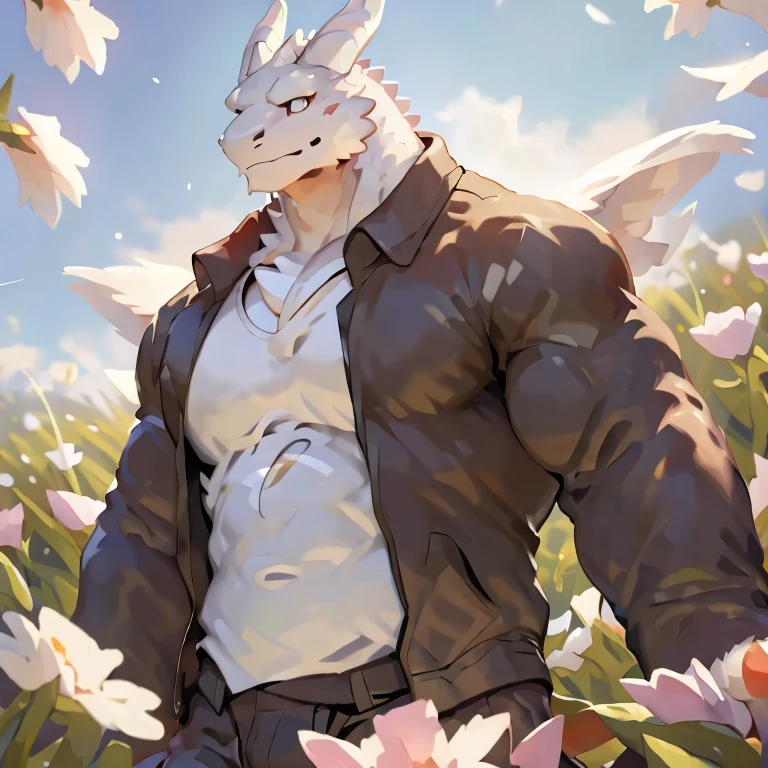 white dragon in a field, looking into the distance, looking off into the distance, looking to the sky, gazing off into the horizon, look into the distance, looking at the sky, looking into the horizon, by null-ghost,by lindong, forrest in the background, standing in a flower field, in a field of flowers, 1 boy solo, abs, muscular, jacket, shirt, look up, show back