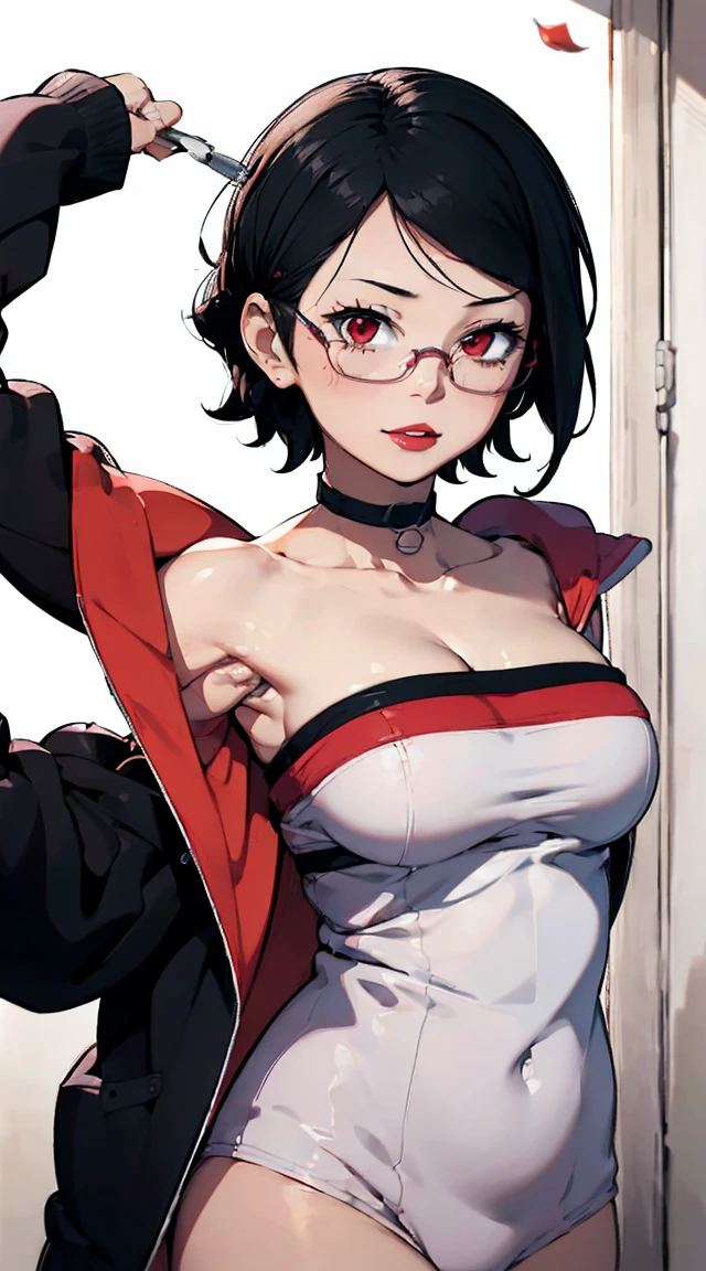 1girl, sarada uchiha in anime boruto, short hair, black hair, red eyes, frameless glasses, smile, beautiful, masterpiece, absurdres, hinata\(boruto\), teen female, towel outfit, looking at viewer, (falling petals), perfect composition, detailed lips, huge medium breast, beautiful face, body propotion, blush, (pink painted lips),  soft gaze,  super realistic, detailed, realistic face and body, sweat body, hide breast using towel, sauna background, shy face, smiling. thick body, bbw, view from bottom, put hand in the back, very shy face, oil body. white fog, breast almost fall out from towel. transparent towel.