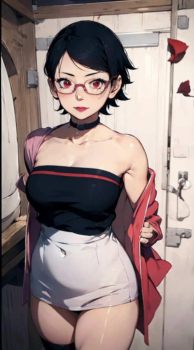 1girl, sarada uchiha in anime boruto, short hair, black hair, red eyes, frameless glasses, smile, beautiful, masterpiece, absurdres, hinata\(boruto\), teen female, towel outfit, looking at viewer, (falling petals), perfect composition, detailed lips, huge medium breast, beautiful face, body propotion, blush, (pink painted lips),  soft gaze,  super realistic, detailed, realistic face and body, sweat body, hide breast using towel, sauna background, shy face, smiling. thick body, bbw, view from bottom, put hand in the back, very shy face, oil body. white fog, breast almost fall out from towel. transparent towel.