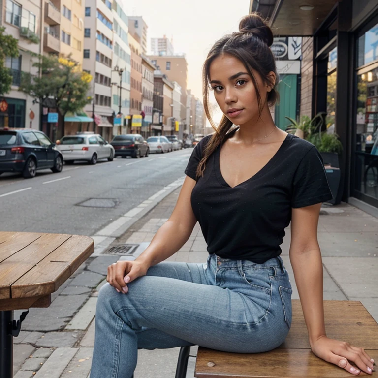 Instagram influencer, Latina female, 27 years old, athletic body, large breasts, tan skin, long brown hair up in a bun, ((hazel eye color)). Wearing blue denim jeans with white tennis shoes and a ((black v-neck t-shirt)) and sitting at a table at an outside cafe looking at her phone. Sunny day, busy city background, small dog at her feet.