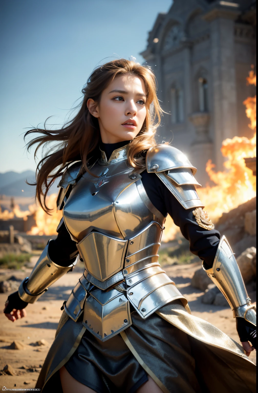 A woman in armor standing in front of a building - SeaArt AI