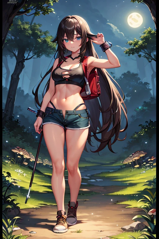 ultra high res, masterpiece, anime style, cell shading, highly detailed, fantasy inspired setting, 1girl, long black hair, blue eyes, expressive eyes, perfect face, medium breast, small waist, perfect figure, athletic physique, white crop top, showing cleavage, mid section exposed, wearing a hiking backpack, brown short-shorts, brown hiking boots, walking, looking at viewer, full body portrait, (Background: Outdoors, in the forest, night, moon light luminating on the forest floor, glowing mushrooms, fireflies)
