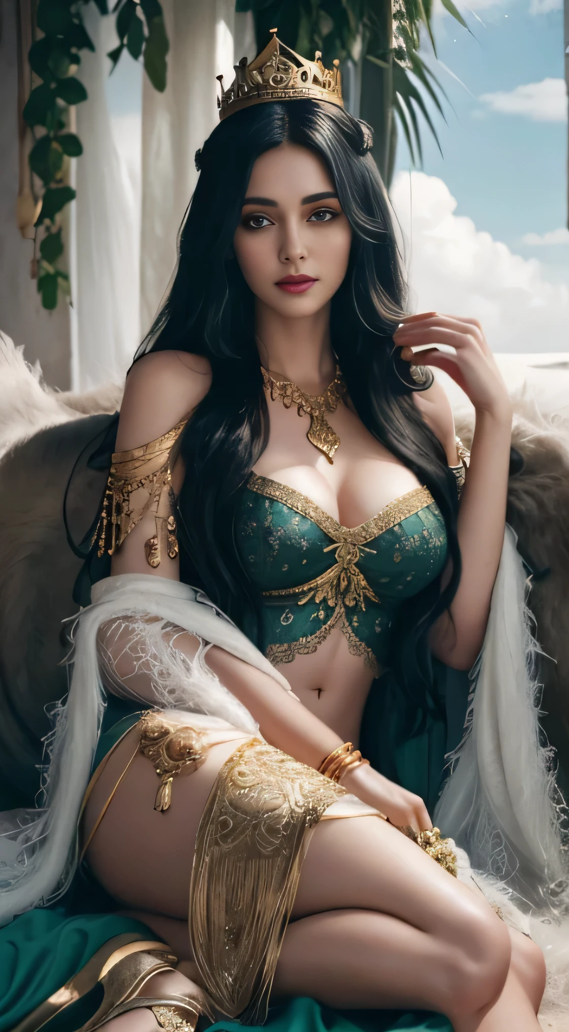 a gypsy woman with beautiful detailed green eyes, long black hair, wearing an open sheer white embroidered blouse with gold medals, an airy sheer red ruffled skirt, seashell necklaces, photorealistic, high quality, 8k, masterpiece, vibrant colors, dramatic lighting, fantasy, elegant, mystical