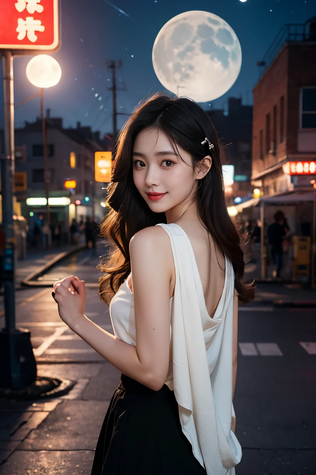 Upscale variant Remove background generated data tips Upgrade 8K, Masterpiece, RAW photo, Best quality, Photorealistic, Extremely detailed CG Unity 8K wallpaper, Depth of field, Cinematic light, Lens flare, Ray tracing, (Extremely beautiful face, Beautiful lips, Beautiful eyes), intricate detail face, ((ultra detailed skin)),（true to life，Photorealistic 1.8）,((best qualtiy, 8K, tmasterpiece:1.3)),SLR camera, ((ultra detailed skin)) 1girll, In the dark, deepshadow, Pretty Korean girl, Kpop idol,(Very slim and slender muscular body), ((view the viewer)), Beautiful smile, (smile:1.2), (Fashion night, (neon lights sign), (The background is blurred out), midnight, (Vacant cities), (No one is in the background),
