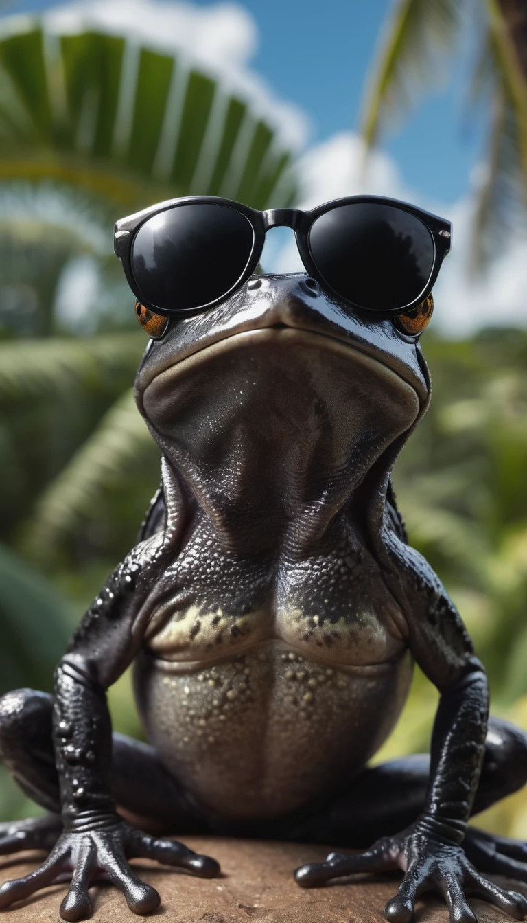 Super detailed photo of a black frog wearing sunglasses under a tropical sky, daytime,|photographique, Realism is pushed to the extreme, Delicate texture, Lifelike, Movie, large format camera, Photorealism, DSLR camera, 8k ultra high definition, HDR, Super detailed, high quality, High contrast