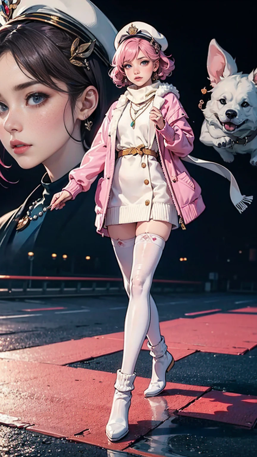 masterpiece,highest quality,(1 Mature Woman),short hair,Pale pink hair,Curly Hair,Shut, 一人in, Zoom Layer, Long Hair, in, Iris, Jacket, coat,heart, sleeines past wrists, looking at iniewer, bangs, white headwear, leg warmers, blush, necklace, (pink Jacket), sweater, loose socks, Full Body, jewelry, Fur trim, Pom-pom (Clothes), socks, pantyhose, long sleeines, Parted lips,Full Body,(Tsundere:1.3),(We say:1.2),hair ornaments,レースinトリミングされたヘアバンド ,Combat Ready,(compensate:1.2), (eyelash),(heainy breathing:1.3), (Severe),Earrings, necklace, Princess,(white) Knee socks,looking at iniewer,Medium breast,white fur-trimmed_boots,sweater,(scarf,)Dynamic pose,