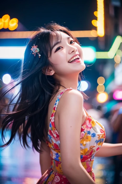 ((best quality)), ((masterpiece)), (detailed), (perfect face, beautiful), korean woman dancing in the rain at outdoor nightclub, laughing joyfully. open air club here is full of people dancing around her, amid colorful lights and bokeh effects, photo realistic, cinematic, movie still, summer vibes, captured in the style of Sony Alpha A7 III camera --ar 2:3 --s 500 --v 6.0
