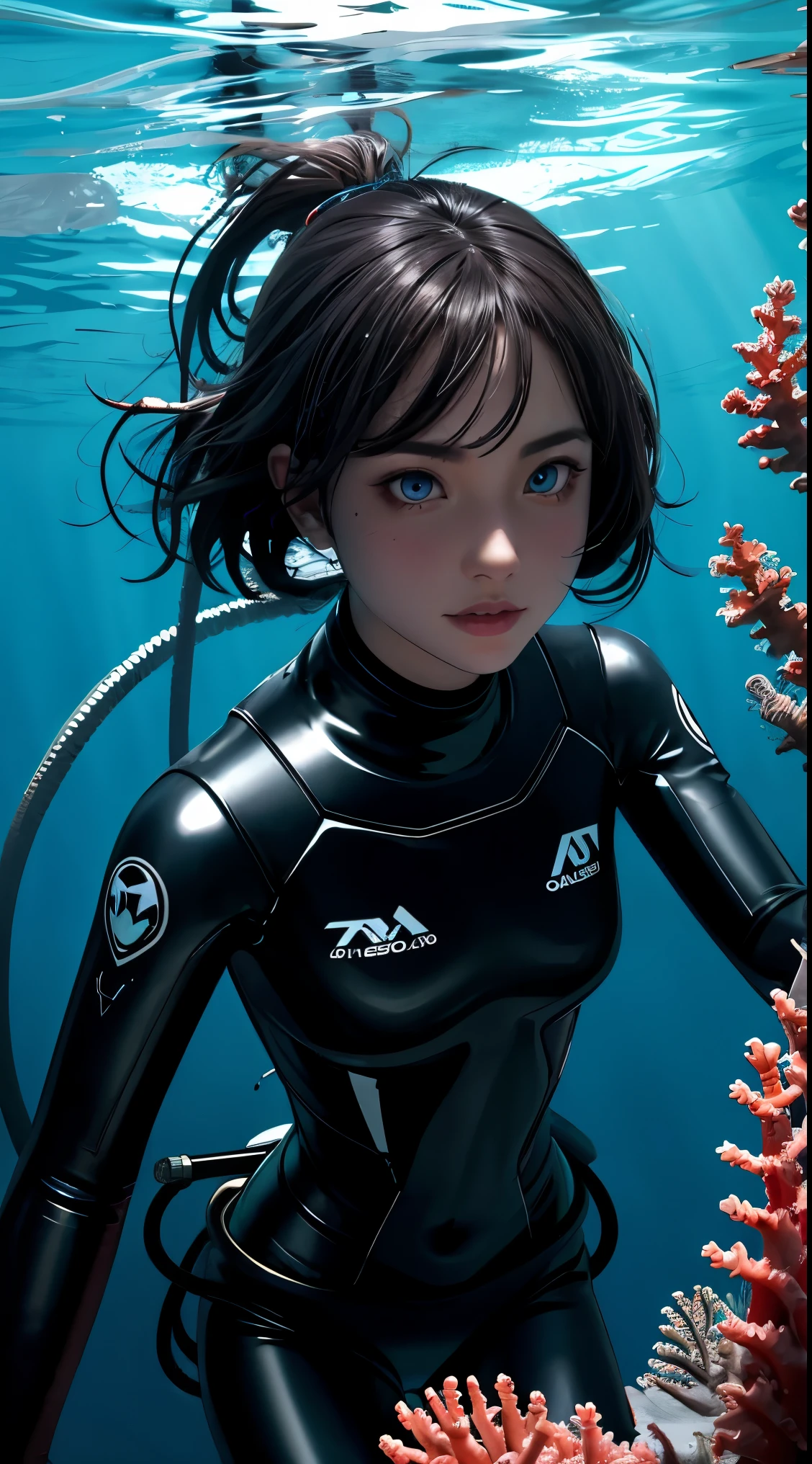 ​masterpiece, top-quality, ultra-detailliert, illustratio, 1girl in, solo, blue eyess, Amber hair, abyssal,Illuminate the seabed with lights Submersible boarding, short-hair, Diving suit,