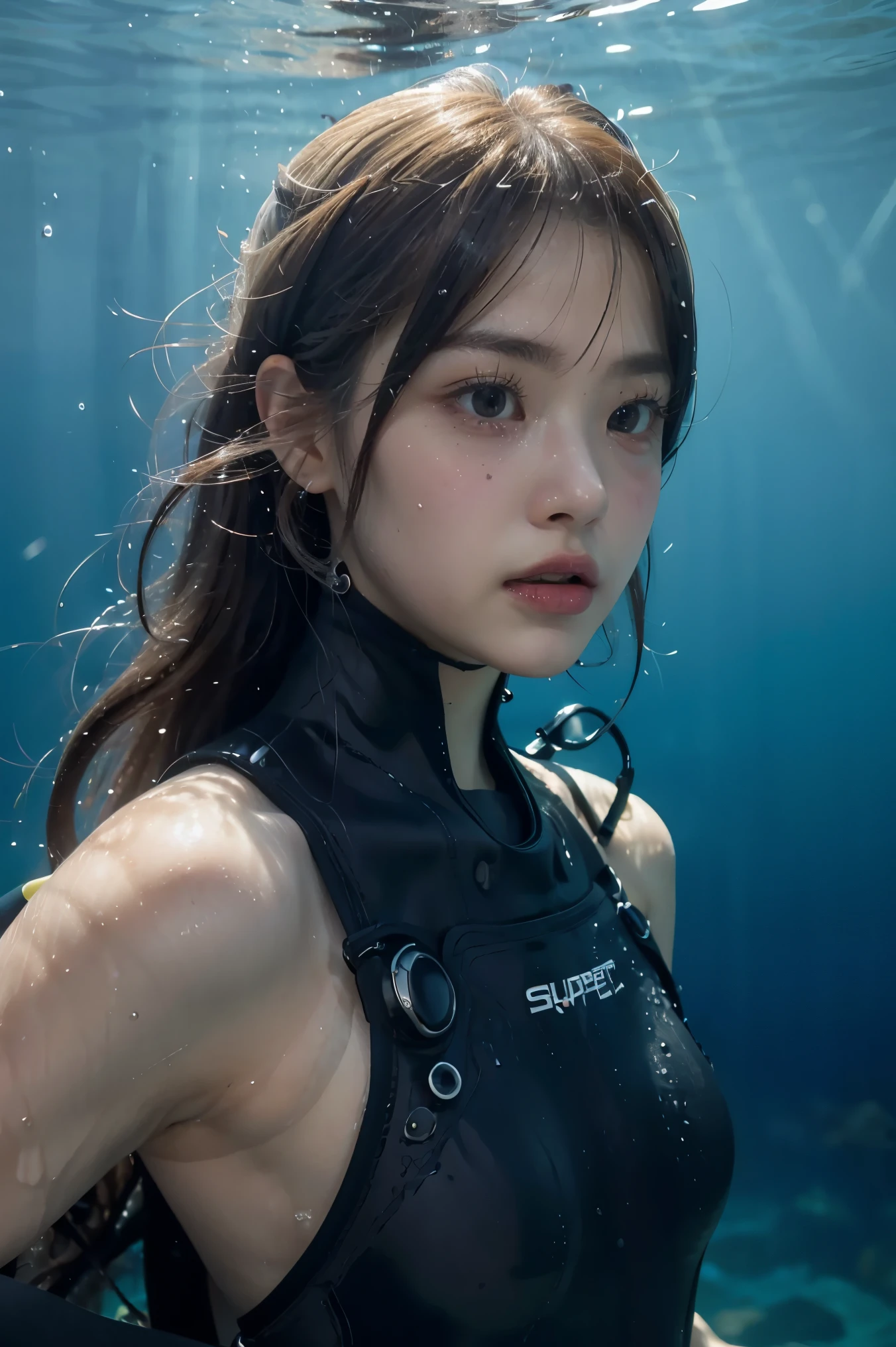 ((under water:1.5)), ((At the bottom of the deep water:1.5)), (It depicts the beauty of swimming in water.:1.37), Swim gracefully, ((Ripples and light reflections:1.37)), (At SFW), (1girl:1.3), Japanese, black eyes, 23-year-old supermodel, thin, woman, Natural light:1.3, ((perfect anatomy:1.2), anatomically correct limbs, I don&#39;t have anything, (looking at the viewer:1.37), (highest quality:1.4), 32K resolution, (realistic:1.5), (Super realistic:1.5), High resolution 32k UHD, (masterpiece:1.2)), (Improvement of quality:1.4), (very beautiful facial details), (Highest quality realistic skin texture:1.4), ((sleeveless wetsuit:1.37)), precise fingers, Super detailed, symmetrical eyes, ((view audience)), ((A good eye for quality:1.2)), (tired, sleepy and satisfied:0.0), (fine lips:1.33), (fine nose:1.2), ((Physically Based Rendering of the Background:1.37)), (flat chest:1.05, thin lower body), brown hair, (long hair:1.37), anxious face, written boundary depth, ((The complex light is intertwined)), carl zeiss, 85mm f/4, 