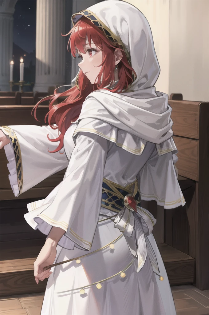 From the back,and, Wide sleeves,hood,jewelry, Long sleeve,White Robe,church,indoors,night,(masterpiece, best quality, Super detailed, The best shadow)