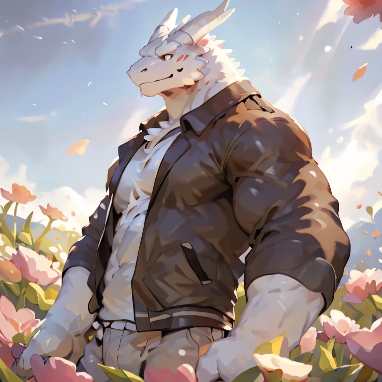 white dragon in a field, looking into the distance, looking off into the distance, looking to the sky, gazing off into the horizon, look into the distance, looking at the sky, looking into the horizon, by null-ghost,by lindong, forrest in the background, standing in a flower field, in a field of flowers, 1 boy solo, abs, muscular, jacket, shirt, look up, show back, turn back