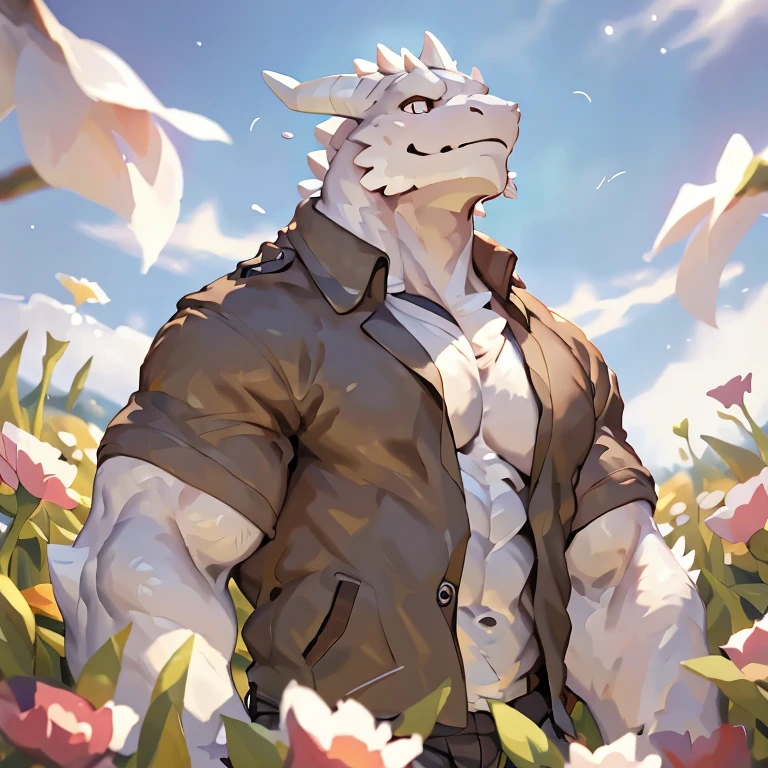 white dragon in a field, looking into the distance, looking off into the distance, looking to the sky, gazing off into the horizon, look into the distance, looking at the sky, looking into the horizon, by null-ghost,by lindong, forrest in the background, standing in a flower field, in a field of flowers, 1 boy solo, abs, muscular, jacket, shirt, look up, show back, turn back