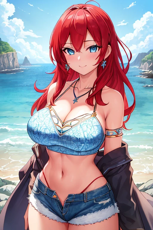 masterpiece,,((ultra detailed background, delicate pattern, intricate detail)), (highly detailed, fine details, rich colors), best quality, beautiful lighting, 1girl, young woman at 22, red hair, solo, long hair, blue eyes, smile,((big breasts, Deep Cleavage, perfect model physique)), ((V-neck crop top ,denim shorts, necklace)), (complex detailed background, barren land, rocks, ocean, outside, nature environment), (cowboy shot),