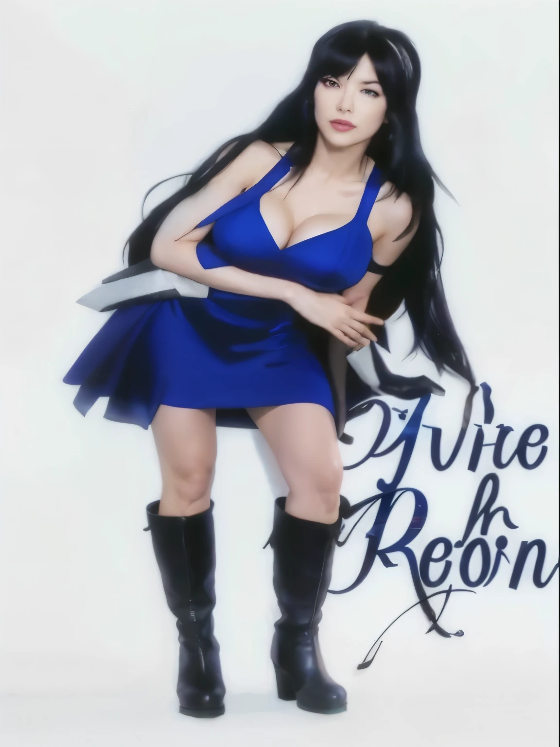 there is a woman in a blue dress and boots posing for a picture, nico robin, tifa, glamorous tifa lockheart, tifa lockhart, seductive tifa lockhart portrait, tifa lockheart, style mix of æon flux, style is a blend of æon flux, rei hino as a princess, tifa lockhart portrait, tifa lockhart with white hair