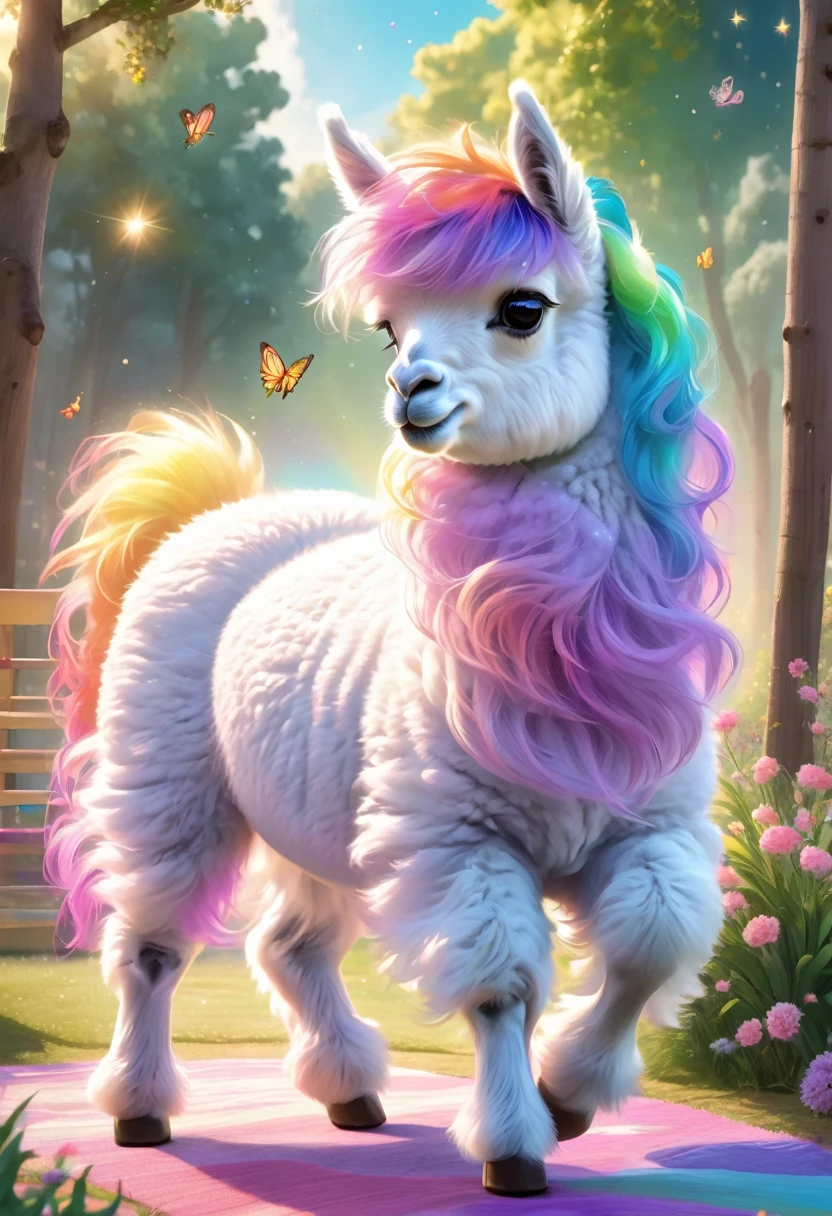 An Alpaca, aesthetic, (best quality,4k,8k,highres,masterpiece:1.2),ultra-detailed,(realistic,photorealistic,photo-realistic:1.37),alpaca,colorful,funny,quirky,adorable,lively,expressive,random activities,playful,curious,cheerful,friendly,cute face,fluffy fur,standing upright,humanlike gestures,sunlit field,rolling on the grass,sprinkling water,running in circles,chasing butterflies,eating flowers,dancing,jumping in puddles,exploring new places,making silly faces,licking its lips,basking in the sun,curled eyelashes,majestic in its playfulness,soft and warm gaze,rainbow-colored mane,whimsical imagination,giggling with joy,painting with its hooves,flying on a magical carpet,posing for a photoshoot,enjoying a picnic,toy box filled with surprises,balloon-filled sky,juggling balls,ice cream truck arrival,musical instruments playing on its back,hula hooping,balancing on a tightrope,reading a book,magical adventures,cookie baking in a treehouse,vibrant colors,glowing with happiness,sparkling stars surrounding it,spreading laughter and happiness to everyone.