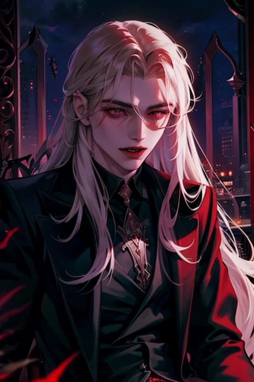 Handsome, Male, Man, Long hair, Pale, Amazingly handsome vampire immersed in a Halloween-inspired aesthetic, Crimson moonlight night view, Vampire, Vampire fangs, Red eyes, Bloody mouth