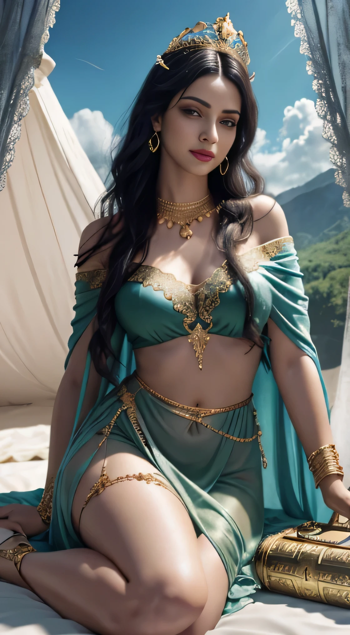 (concept art), masterpiece, best quality, photorealistic, 8k raw photo, a portrait half-body photograph by Tom Bagshaw, tarot card style, [:(detailed face:1.2):0.2], absurdres iris textures, facing viewer, cowboy shot, (photorealistic:1.5), perfect body, 
a beautiful girl pureerosface_v1, smiling, ankle high heels, wearing transparent black off_shoulder_bandage_dress with gold ornaments and crown, necklace, armband, navel ring, transparent heavy lace cloak made of swan feathers, big , green eyes, long legs, long green hair, rim lighting, lying on bed inside a silky luxurious tent, treasure chests, hills, rainforest, blue sky, clouds, sun style-hamunaptra, DarkFantasy