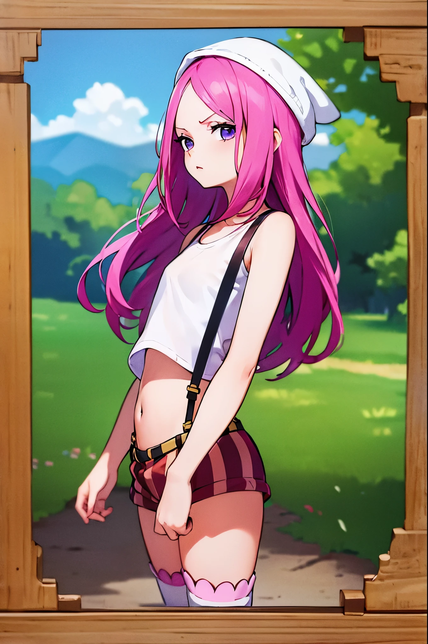 (masterpiece, best quality:1.2), expressive eyes, perfect face, highres, 1girl, solo, (small:1.5), kid, JewelryBonneyV2, lipstick, purple eyes, pink hair, long hair, white tank top, suspenders, thighhighs, striped shorts, brown boots, straight hair, standing, upper body, looking at the viewer