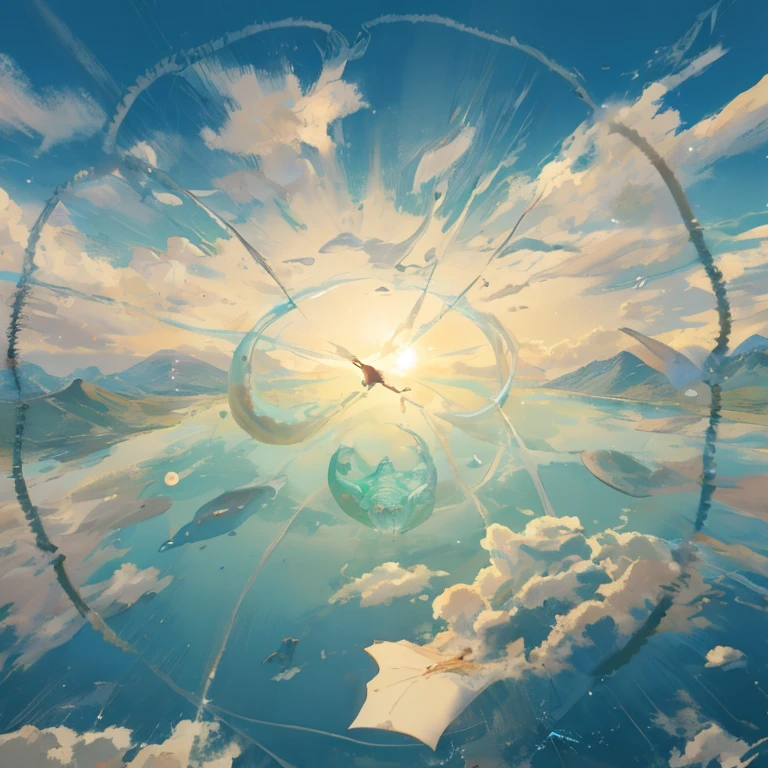 semi-realistic anime creature flying far above a distant lake