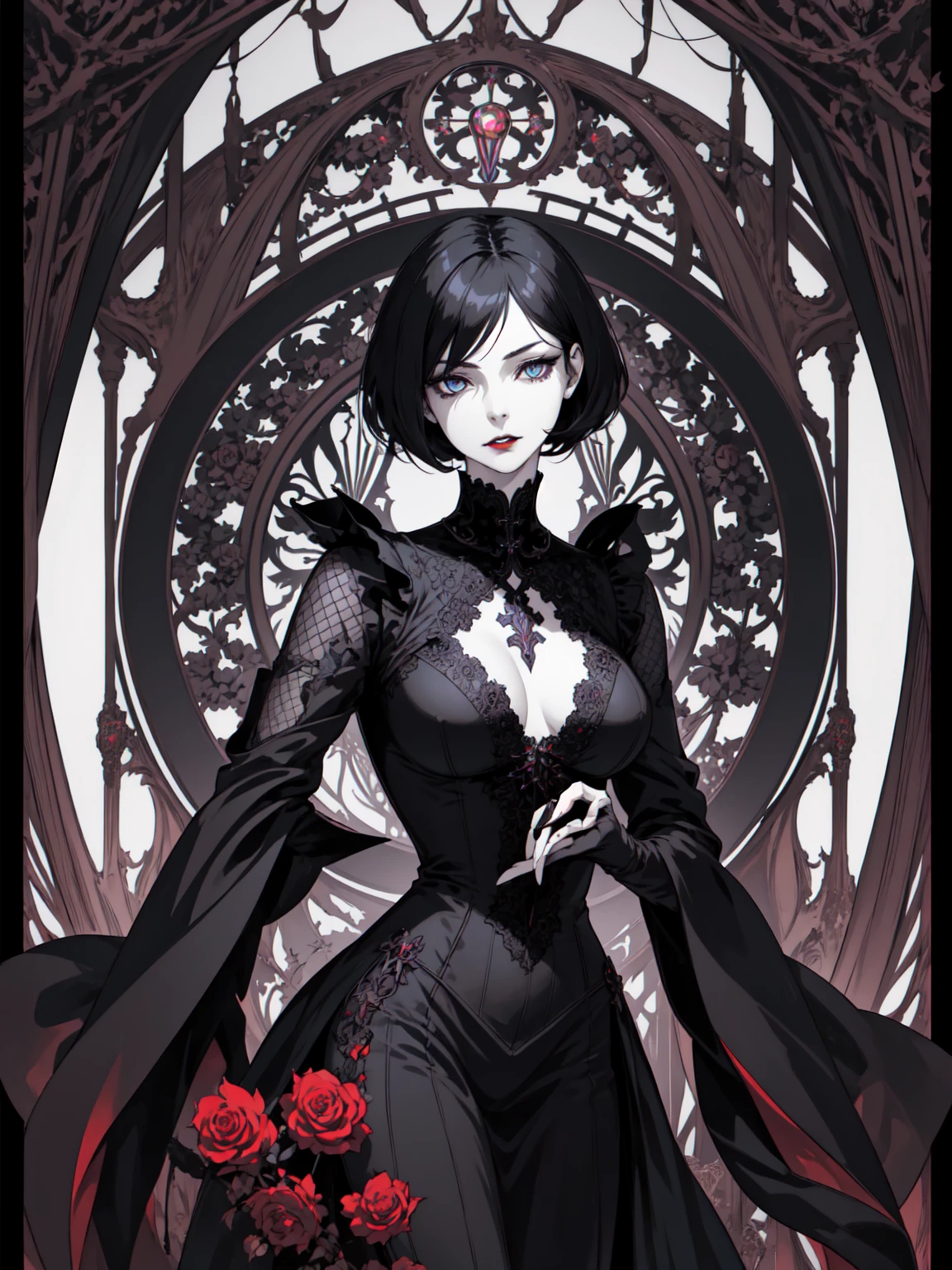 Basic Art Nouveau,Vampire woman with black hair and blue eyes,short hair,(Upper body portrait),young,(((Oval face))),Dark clothing,Soft and melancholy face,Beautifully,No wrinkles,Gothic style,Synthwave meets Art Nouveau,Bold and smooth lines,Dynamic composition of organic Art Nouveau patterns,Intricate red roses and patterns intertwined with geometric shapes,Characters that embody vampires Mysterious Gothic atmosphere,Feminine but calm expression,Art Nouveau pattern dress,Digital grid landscape with natural forms,Neon-like outline effect reminiscent of stained glass,White background,High contrast,Easy to color,visual clarity,French Art Nouveau,80s vaporwave art style。Maximum details,