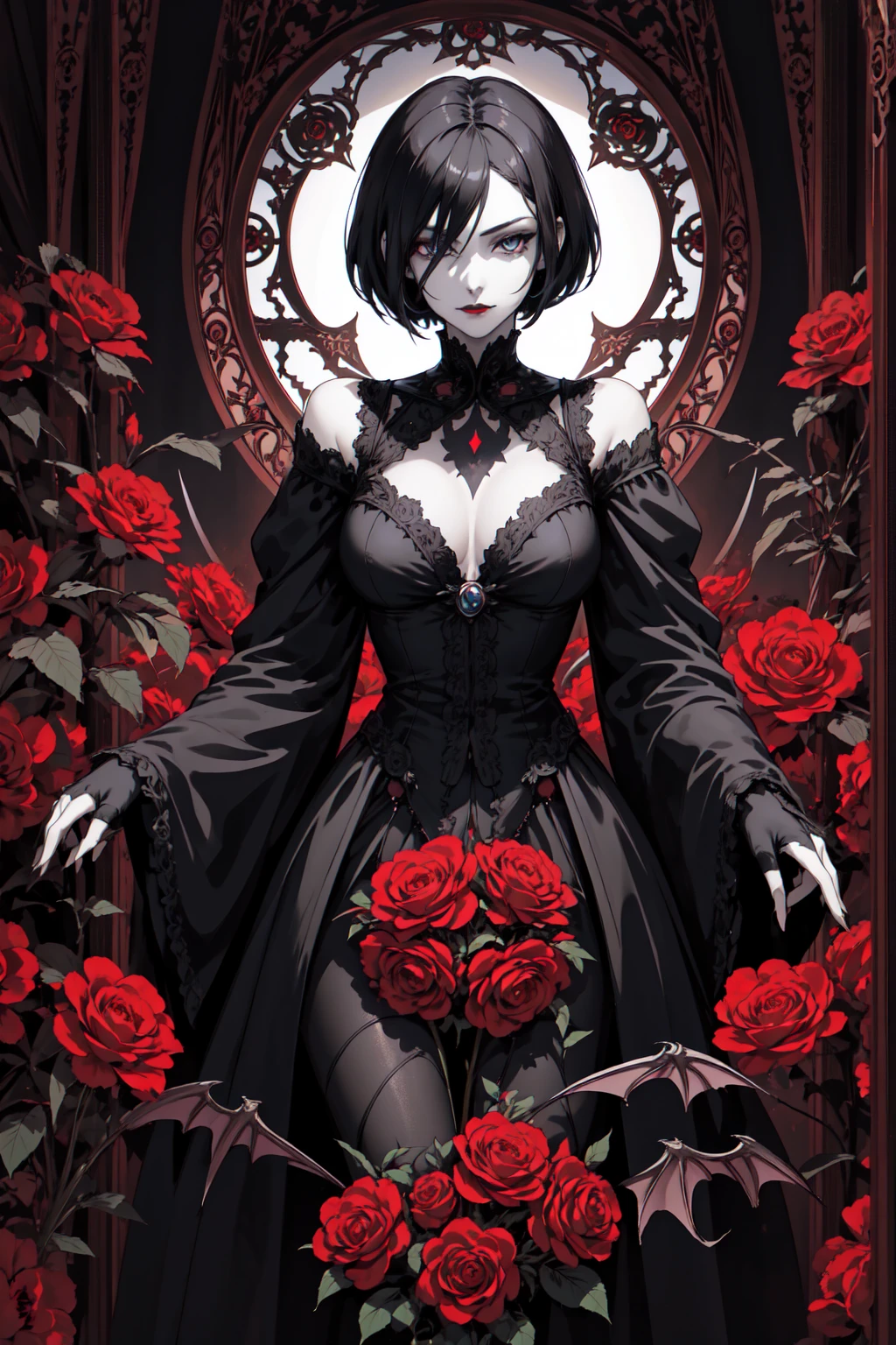 Basic Art Nouveau,Vampire woman with black hair and blue eyes,short hair,(Upper body portrait),young,(((Oval face))),Dark clothing,Soft and melancholy face,Beautifully,No wrinkles,Gothic style,Synthwave meets Art Nouveau,Bold and smooth lines,Dynamic composition of organic Art Nouveau patterns,Intricate red roses and patterns intertwined with geometric shapes,Characters that embody vampires Mysterious Gothic atmosphere,Feminine but calm expression,Art Nouveau pattern dress,Digital grid landscape with natural forms,Neon-like outline effect reminiscent of stained glass,White background,High contrast,Easy to color,visual clarity,French Art Nouveau,80s vaporwave art style。Maximum details,