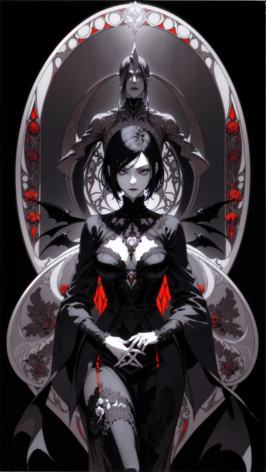 Basic Art Nouveau，Vampire woman with black hair and blue eyes，short hair，young，(((Oval face)))，Dark clothing，Soft and melancholy face，Beautifully，No wrinkles，Gothic style，Synthwave meets Art Nouveau，Bold and smooth lines，Dynamic composition of organic Art Nouveau patterns，Intricate red roses and patterns intertwined with geometric shapes，Characters that embody vampires Mysterious Gothic atmosphere，Feminine but calm expression，Art Nouveau pattern dress，Digital grid landscape with natural forms，Neon-like outline effect reminiscent of stained glass，White background，High contrast，Easy to color，visual clarity，French Art Nouveau，80s vaporwave art style。Maximum details，