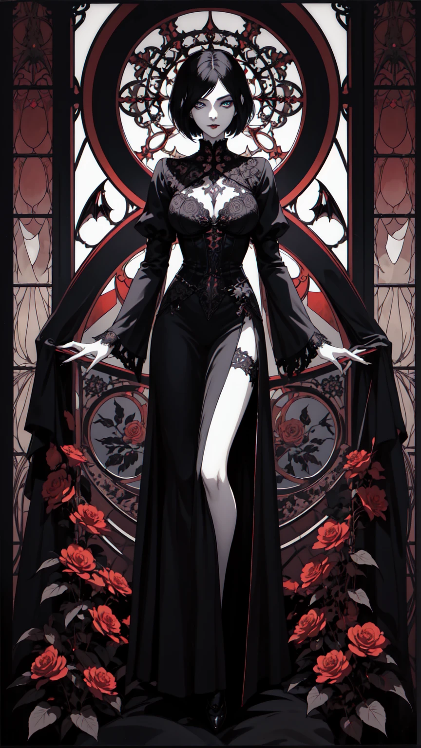 Basic Art Nouveau，Vampire woman with black hair and blue eyes，short hair，young，(((Oval face)))，Dark clothing，Soft and melancholy face，Beautifully，No wrinkles，Gothic style，Synthwave meets Art Nouveau，Bold and smooth lines，Dynamic composition of organic Art Nouveau patterns，Intricate red roses and patterns intertwined with geometric shapes，Characters that embody vampires Mysterious Gothic atmosphere，Feminine but calm expression，Art Nouveau pattern dress，Digital grid landscape with natural forms，Neon-like outline effect reminiscent of stained glass，White background，High contrast，Easy to color，visual clarity，French Art Nouveau，80s vaporwave art style。Maximum details，