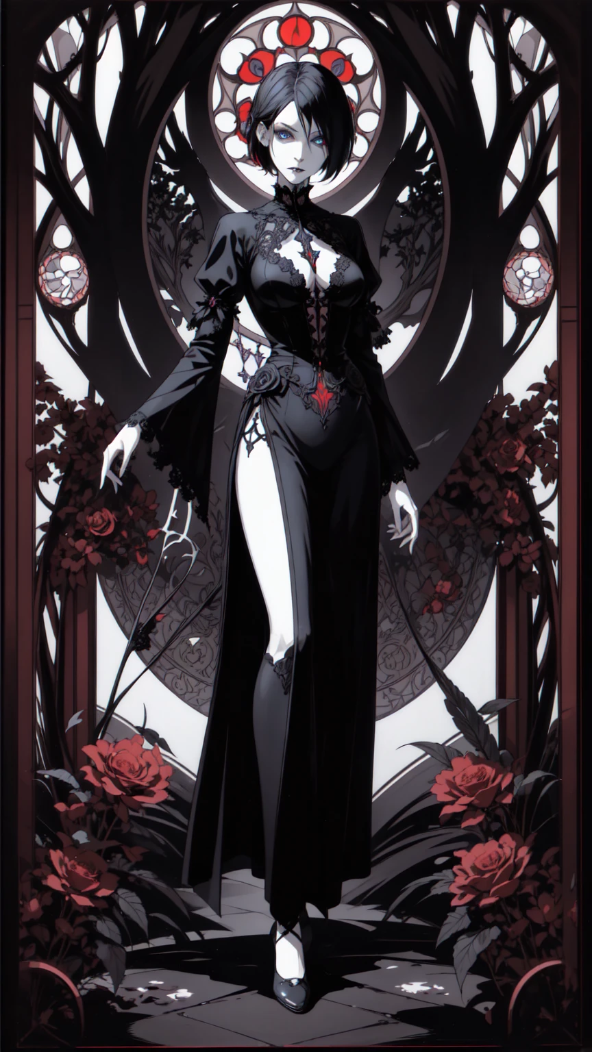 Basic Art Nouveau,Vampire woman with black hair and blue eyes,short hair,young,(((Oval face))),Dark clothing,Soft and melancholy face,Beautifully,No wrinkles,Gothic style,Synthwave meets Art Nouveau,Bold and smooth lines,Dynamic composition of organic Art Nouveau patterns,Intricate red roses and patterns intertwined with geometric shapes,Characters that embody vampires Mysterious Gothic atmosphere,Feminine but calm expression,Art Nouveau pattern dress,Digital grid landscape with natural forms,Neon-like outline effect reminiscent of stained glass,White background,High contrast,Easy to color,visual clarity,French Art Nouveau,80s vaporwave art style。Maximum details,
