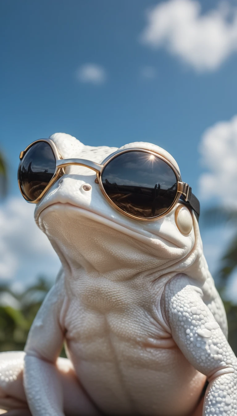 Super detailed photo of a white frog wearing sunglasses under a tropical sky, daytime,|photographique, Realism is pushed to the extreme, Delicate texture, Lifelike, Movie, large format camera, Photorealism, DSLR camera, 8k ultra high definition, HDR, Super detailed, high quality, High contrast