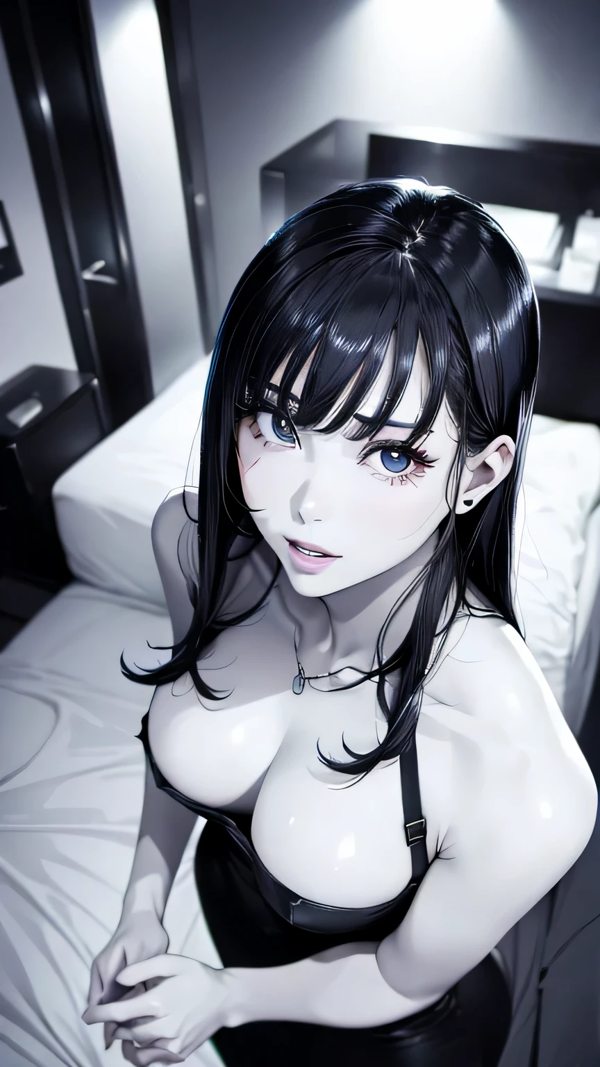 (from above,Looking up at the audience,eye focus:1.5),(Ideal body proportions:1.4),(best quality、High Detail:1.1、Very attractive adult beauty、Add strong highlights to your eyes、backward、Looking Back、Beautiful woman full of adult charm、Perfect anatomical structure、Yinting、Long hair、Shiny hair、Lip Gloss),1 girl, Solitary, Practical、Tilt your head slightly, short and Shiny hair、 knitted sweater、Stylish silencer,Bangs、big eyes、eyelash、Face a little red、Embarrassing)、((sit,hotel、on the bed))、big eyes、Give students strong highlights、(,Breast sagging:1.5}、Very large breasts、Very beautiful beauty、Please prick up your ears、long neck、Smile、beautiful teeth、Open mouth smile、Heart shaped eyes))、(30 years old、Very cute super model:1.2)、High、 (Put your hands behind your back:1.5),(Sculpting pose、whole body:1.2)