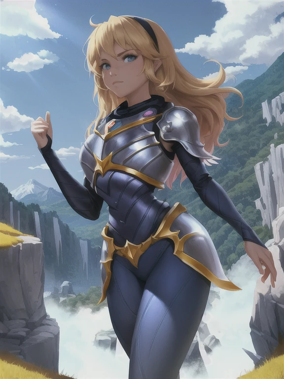 masterpiece, high quality, colorful, 1girl, solo, looking at viewer, mountains, lux, luxanna crownguard, league of legends, cowboy shot, blonde hair, blue eyes, blue pants, blue bodysuit, bodysuit, impossible bodysuit, black hairband, hairband, long hair, long sleeves, shoulder plates, breastplate, sapphire, standing
