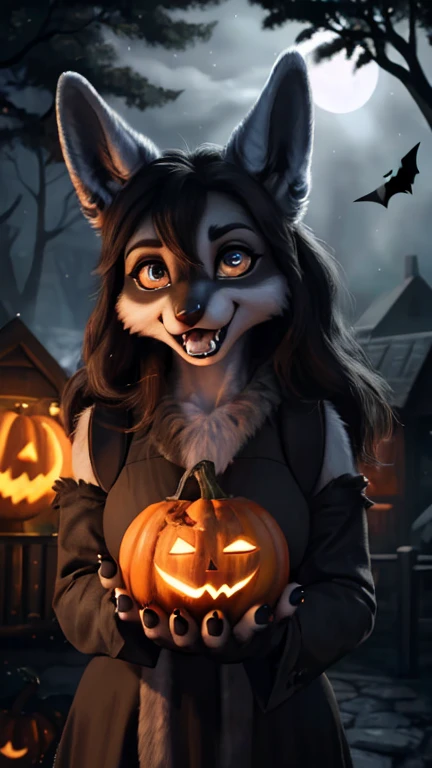 Fotorealistisch, detaillierter Hintergrund, gruseliger Wald, neblige Nacht, Vollmond beleuchtet die Szene, draussen, Halloween-Thema, hanging bats, weiblicher Lucario-Charakter stehend, (elegante und kurvenreiche Figur), (glattes blaues Fell), (auffallend gelbe Augen:1.2), Krallenpfoten, rosa Pfotenpolster, lange spitze Ohren, (sharp fangs:1.1), frightening yet seductive aura, She wears a Halloween costume(decorated with orange and black colors), (funkelnder Hexenhut auf dem Kopf), (magischer Besen in der Hand), entschlossener Ausdruck