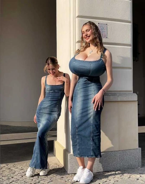denim dress, (big giant enormous oversized massive huge colossal breasts:1.5), (gigantic sagging breasts:1.5), (cleavage), (very long messy wavy hair)