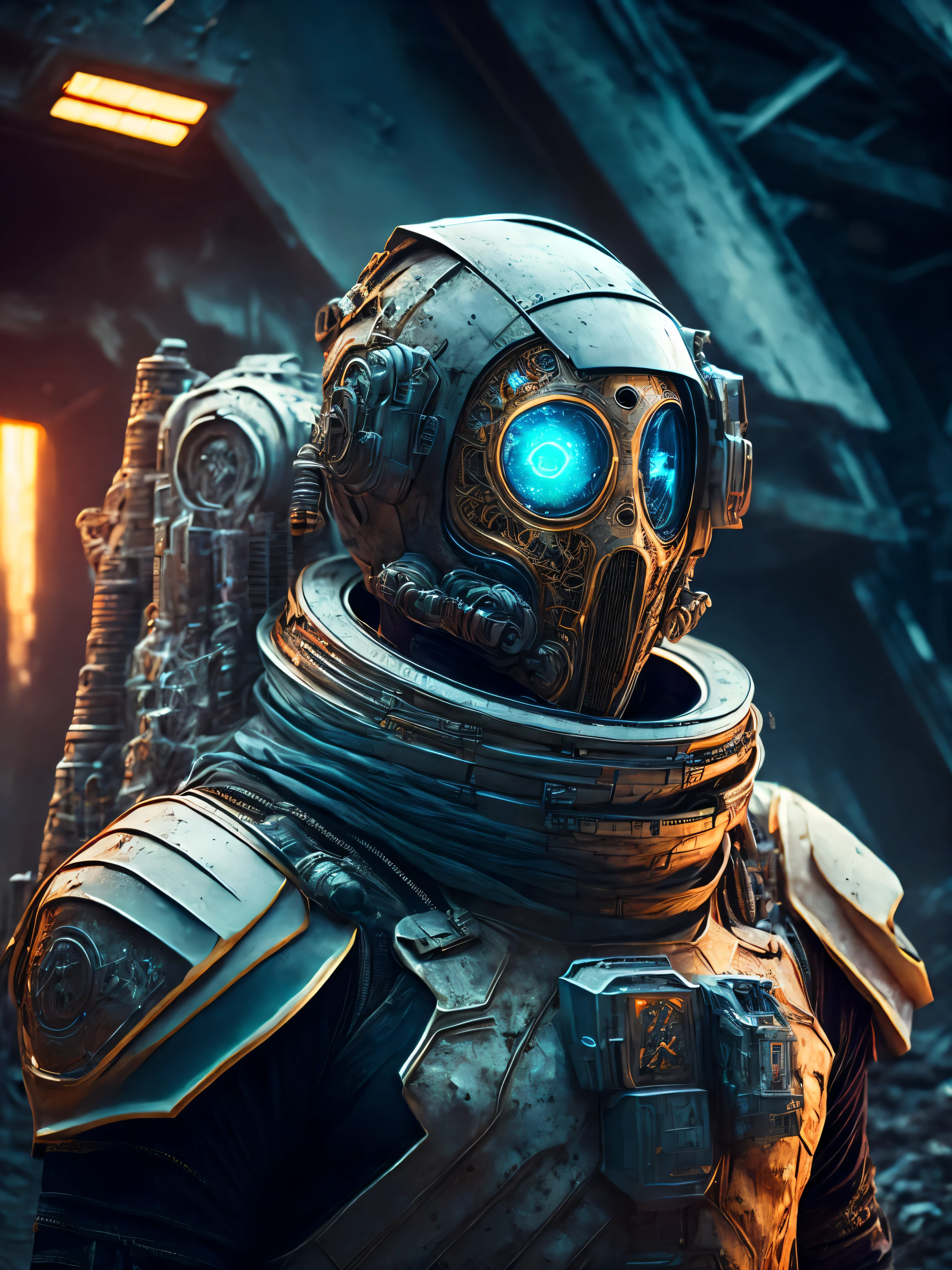 breathtaking cinematic science fiction photo of a portrait of a non human masked Grim dressed as an astronaut in metal skin, body full glowing metrics inside, glowing multicoloured eyes, multifaceted eyes, metallic arms, inside a destroyed building, extremely menacing creature, highly detailed, award-winning